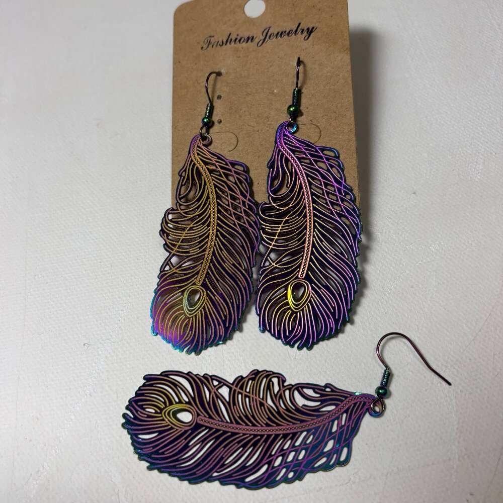 🌈 Rainbow sale! 🌈 Large rnbw titanium feather earrings, as low as $10 bundled
